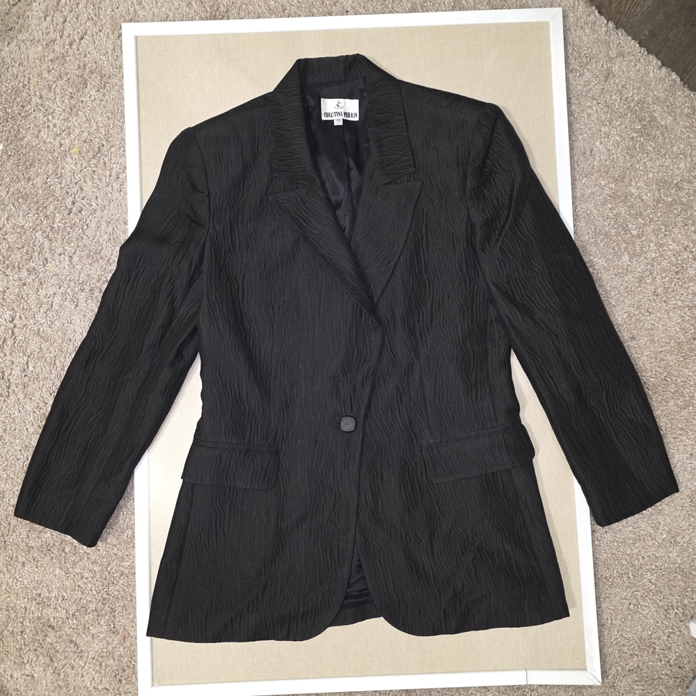 Vintage Silk-Wool Black Textured Single-Button Blazer